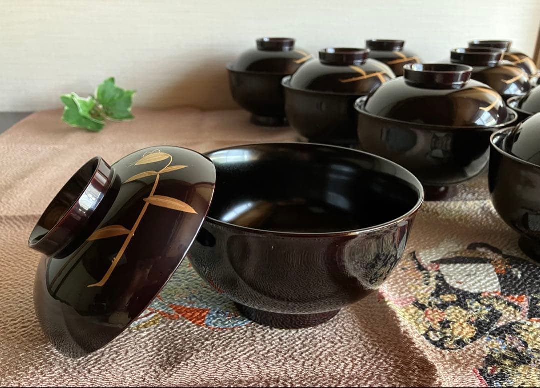 越前塗　越前漆器　蓋付椀　吸物椀　雑煮椀　10客　金蒔絵　木合