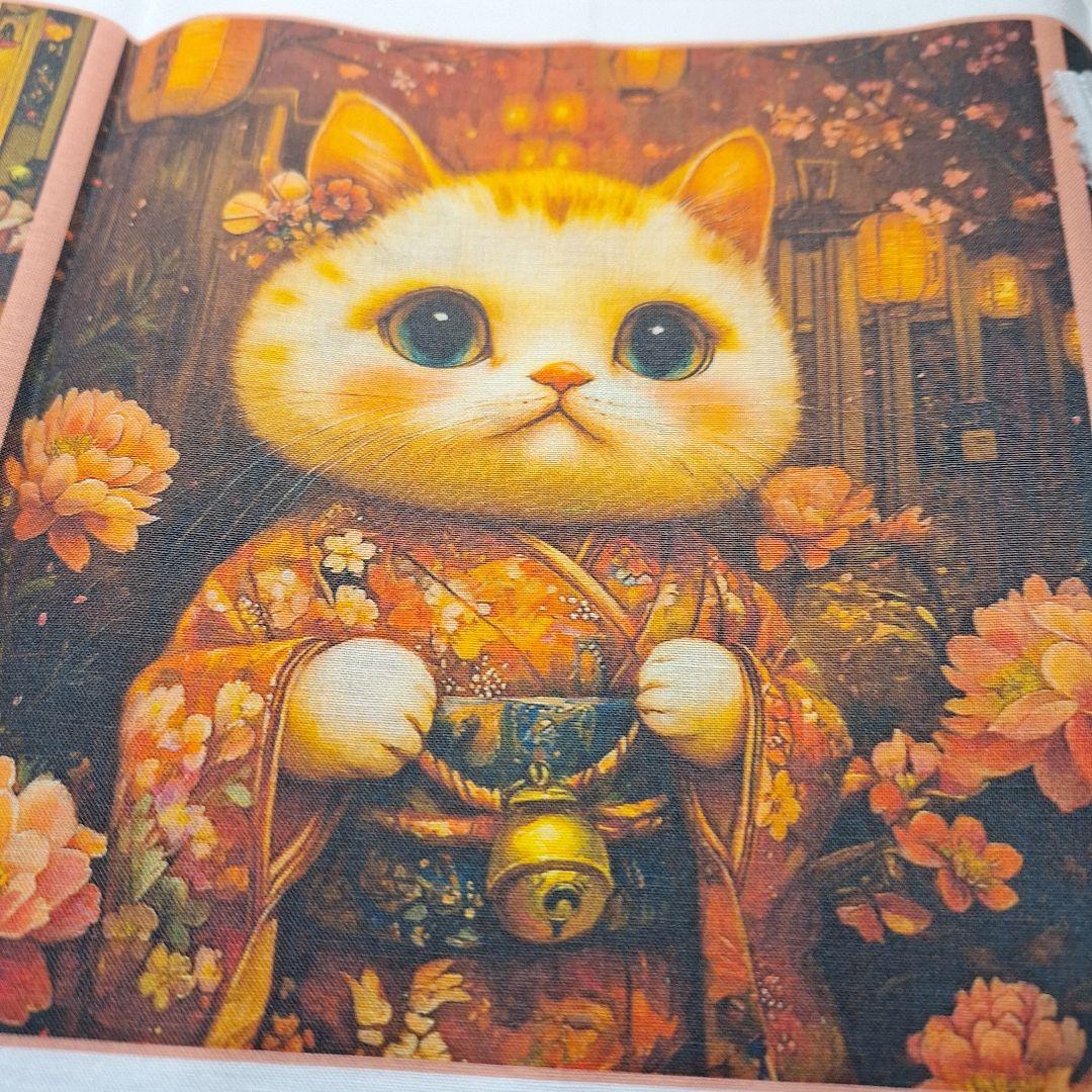 着物を着たねこパネル生地　ハンドメイド　レアパネル生地
