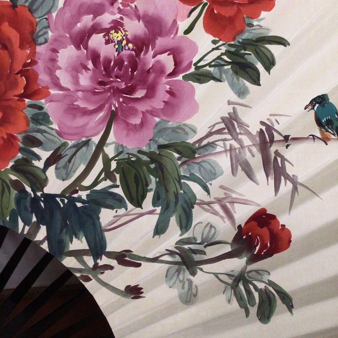 No5725 時代　銘有　特大扇子　牡丹絵図　紙箱入　花鳥　縁起物　送料無料