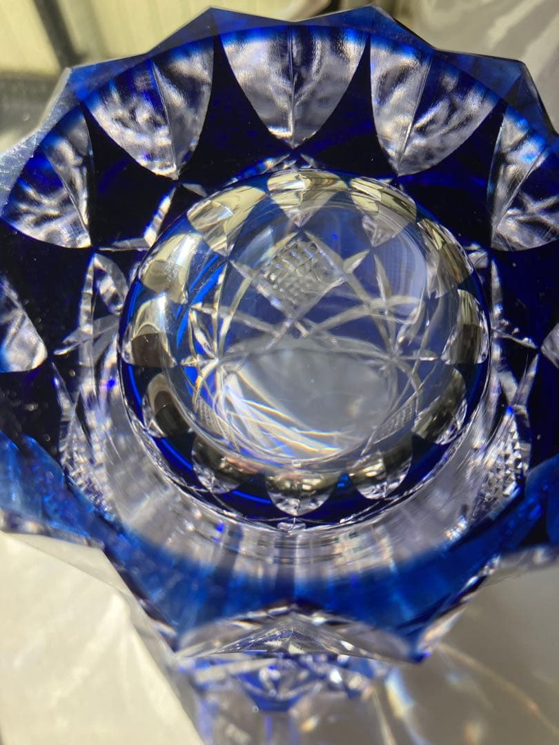 最終価格！！昭和レトロ◆江戸切子◆花器 花瓶◆昭和後期◆青被せ カットガラス
