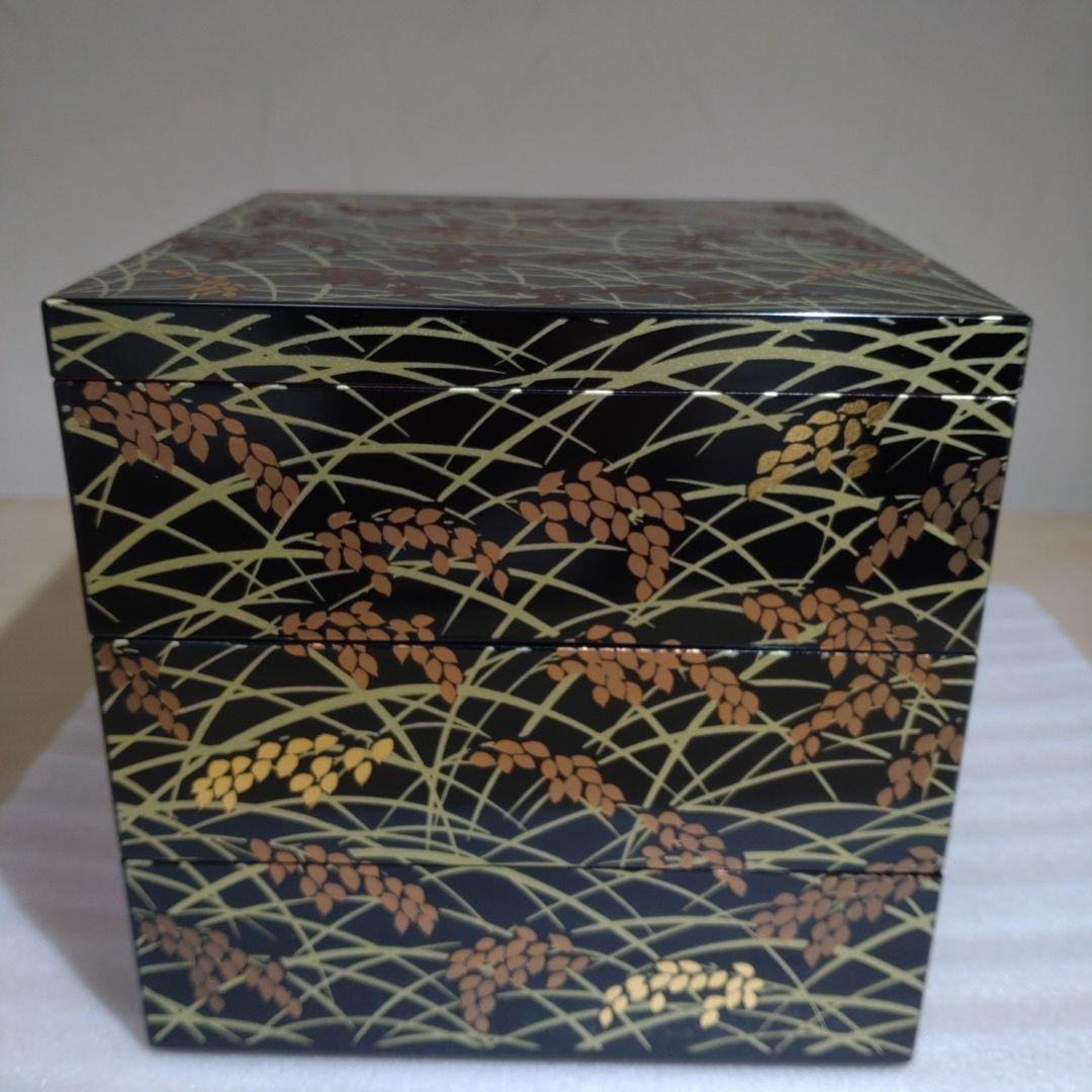 稲穂模様 5.0 三段重　黒内朱 みのり