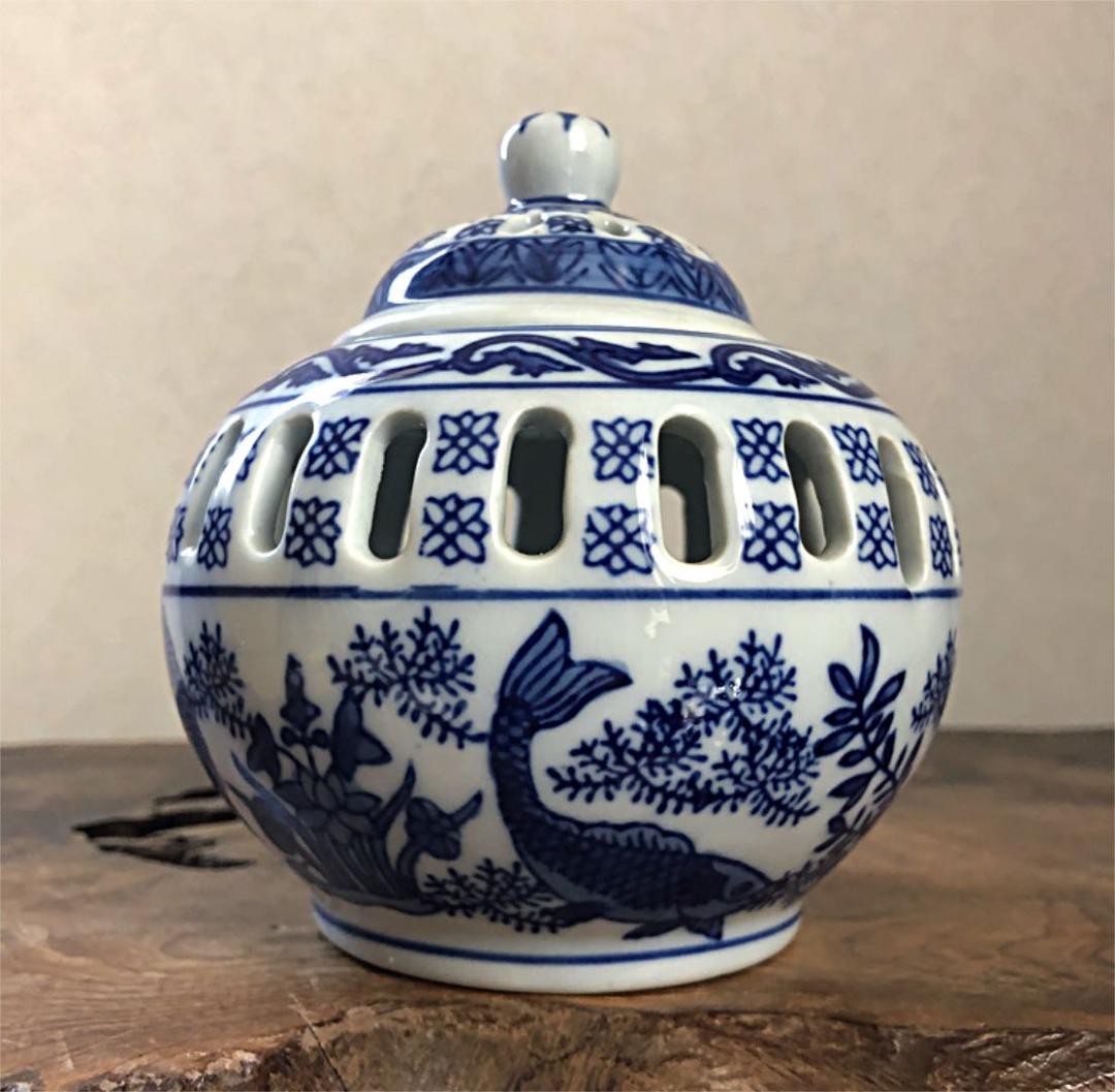 中国美術 時代 染め付け 草花魚紋 香炉 大清乾隆