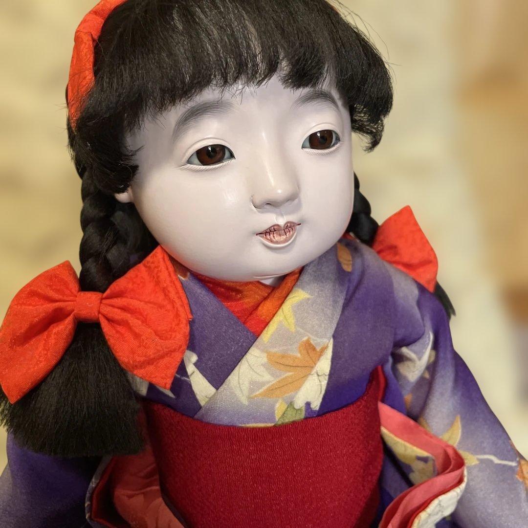市松人形 松乾斎東光　アンティーク紫色の着物 赤いリボン　美品