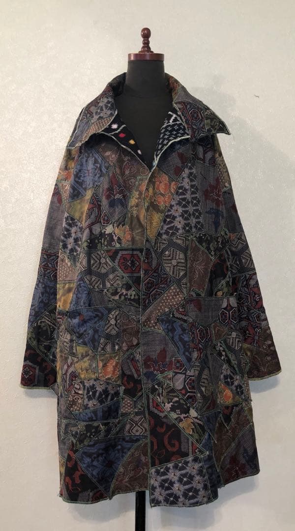 ハンドメイド　着物リメイク　大島紬&綿つぎはぎリバーシブルラグランコート