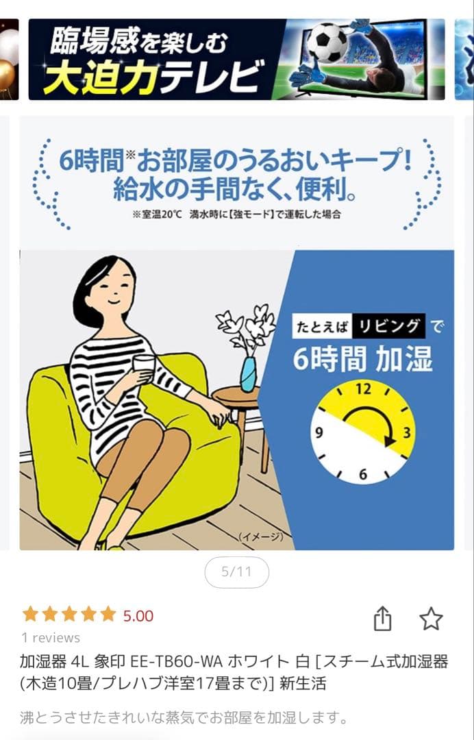 【ほぼ未使用】象印 スチーム式加湿器 EE-TB60-WA
