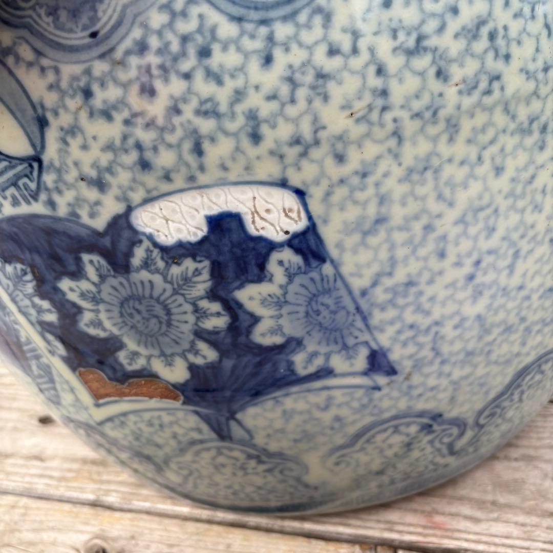 染付 火鉢 五徳 灰均し 火箸 灰付き フルセット 青花山水柄 陶器 昭和レトロ