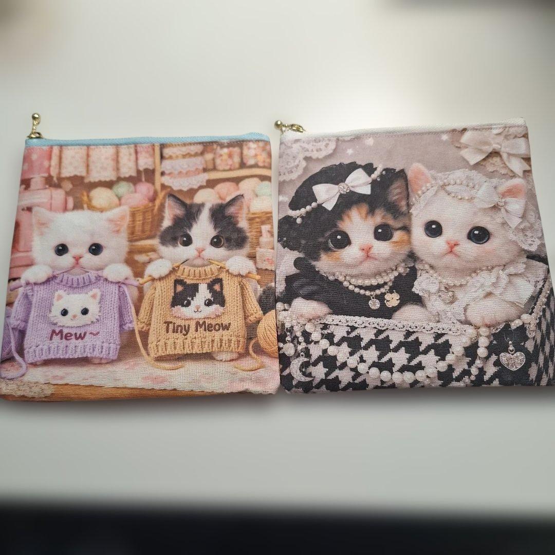 激レアねこパネル生地　ハンドメイド　フラットポーチ
