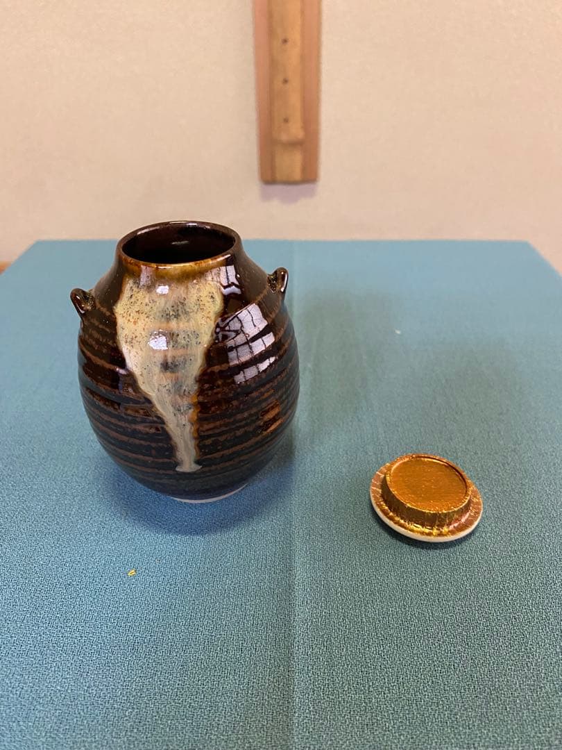 茶道具/茶入 古膳所写耳付茶入 陽炎園(岩崎新定) 西陣織 共箱