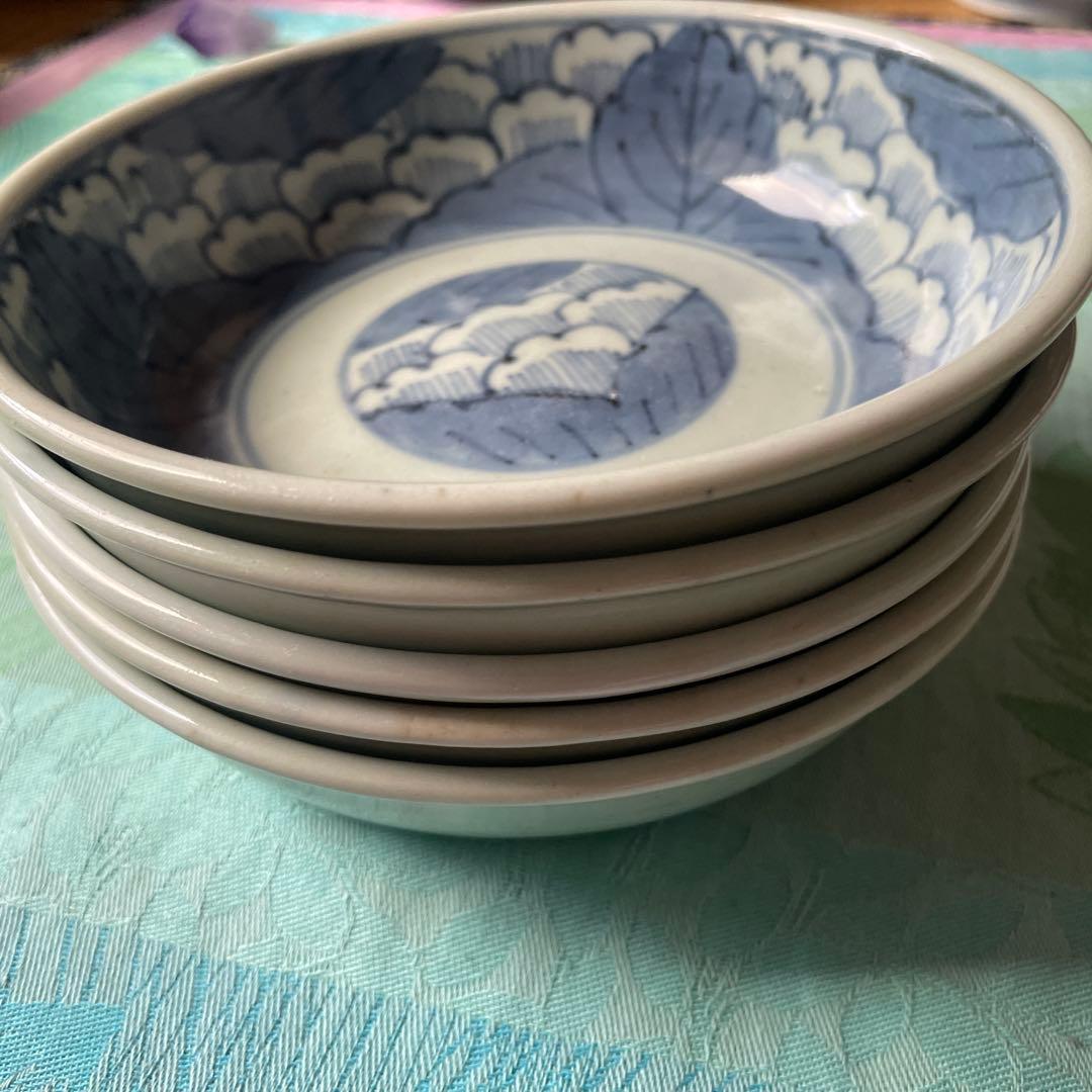 古伊万里　染付　白梅　青磁　膾皿　5客