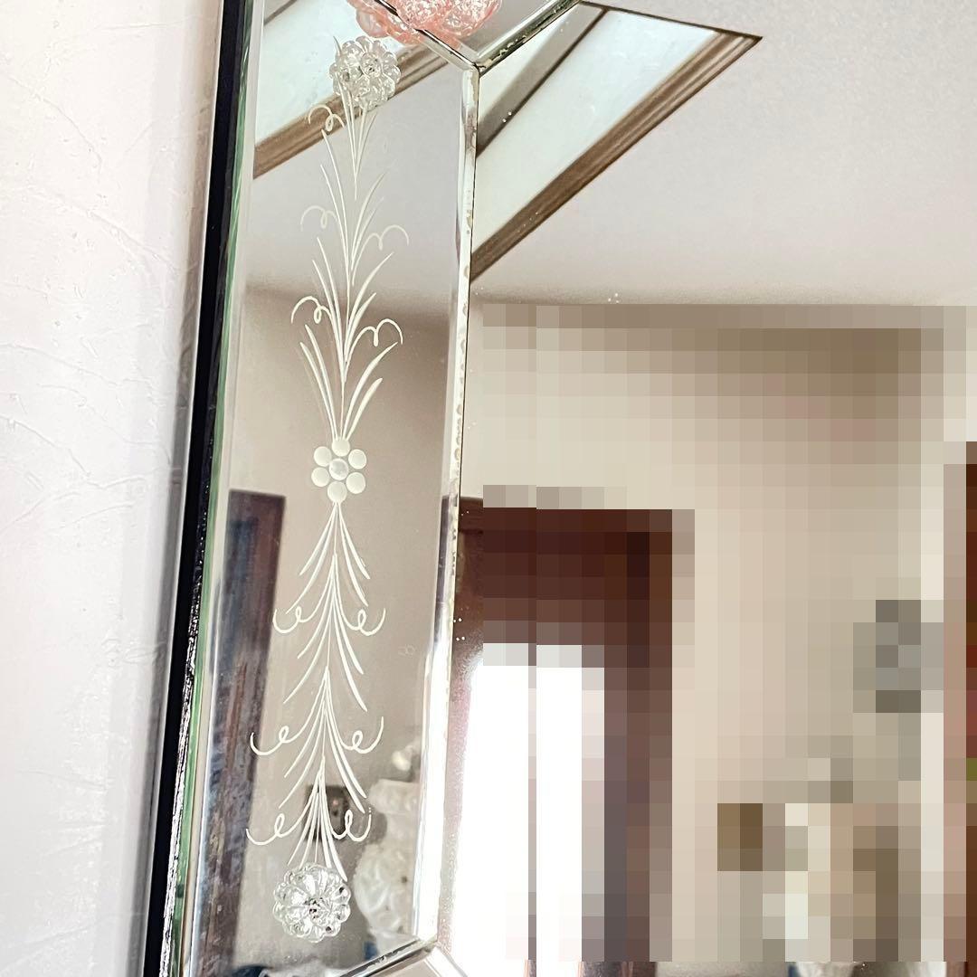 ガラス花装飾のイタリアヴェネチアンミラー☆煌びやかな壁掛け鏡☆芸術的ガラス工芸