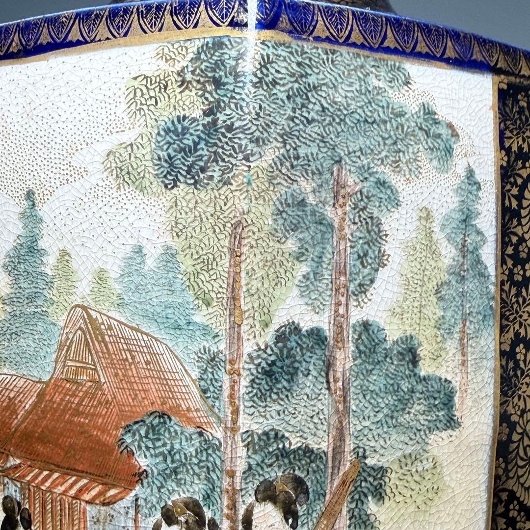幕末〜明治期　瑠璃薩摩　美人図六角花瓶　共箱　蒐集家　豪商旧蔵品　高30.8cm