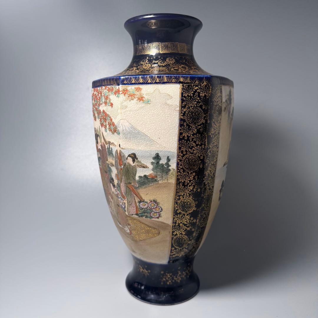 幕末〜明治期　瑠璃薩摩　美人図六角花瓶　共箱　蒐集家　豪商旧蔵品　高30.8cm