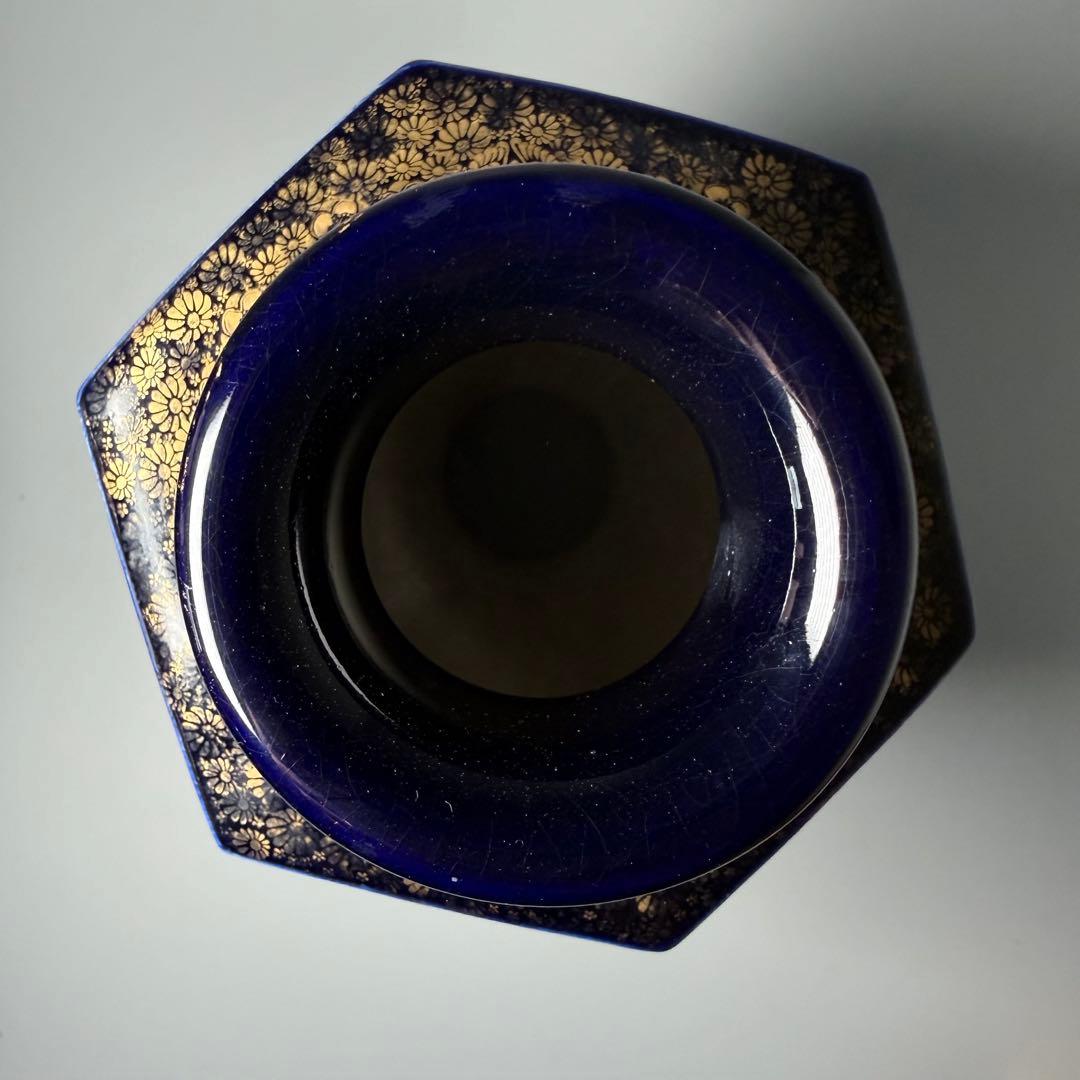 幕末〜明治期　瑠璃薩摩　美人図六角花瓶　共箱　蒐集家　豪商旧蔵品　高30.8cm