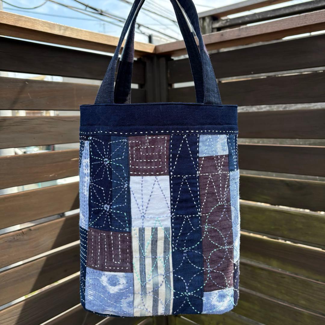 久留米絣×刺し子 パッチワークトート／春色 一点ものバッグ　ハンドメイド