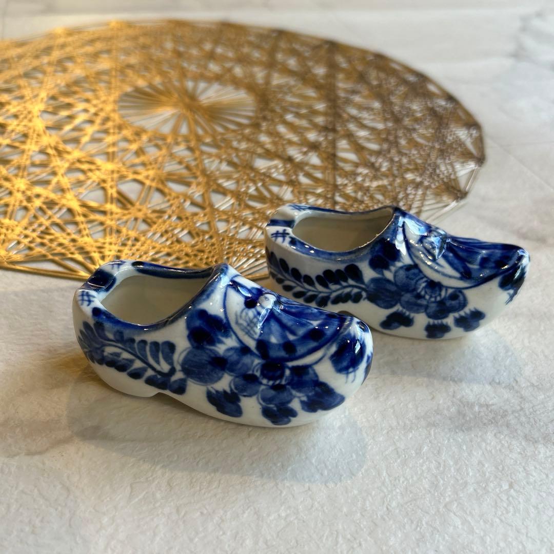 希少 オランダ デルフト焼 木靴 陶器 置物 ミニチュア 花瓶 北欧 手描き