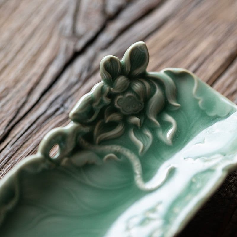 青磁 茶則 茶杓 セット 浮き彫り 蓮華紋 蛙 新品未使用 茶道具