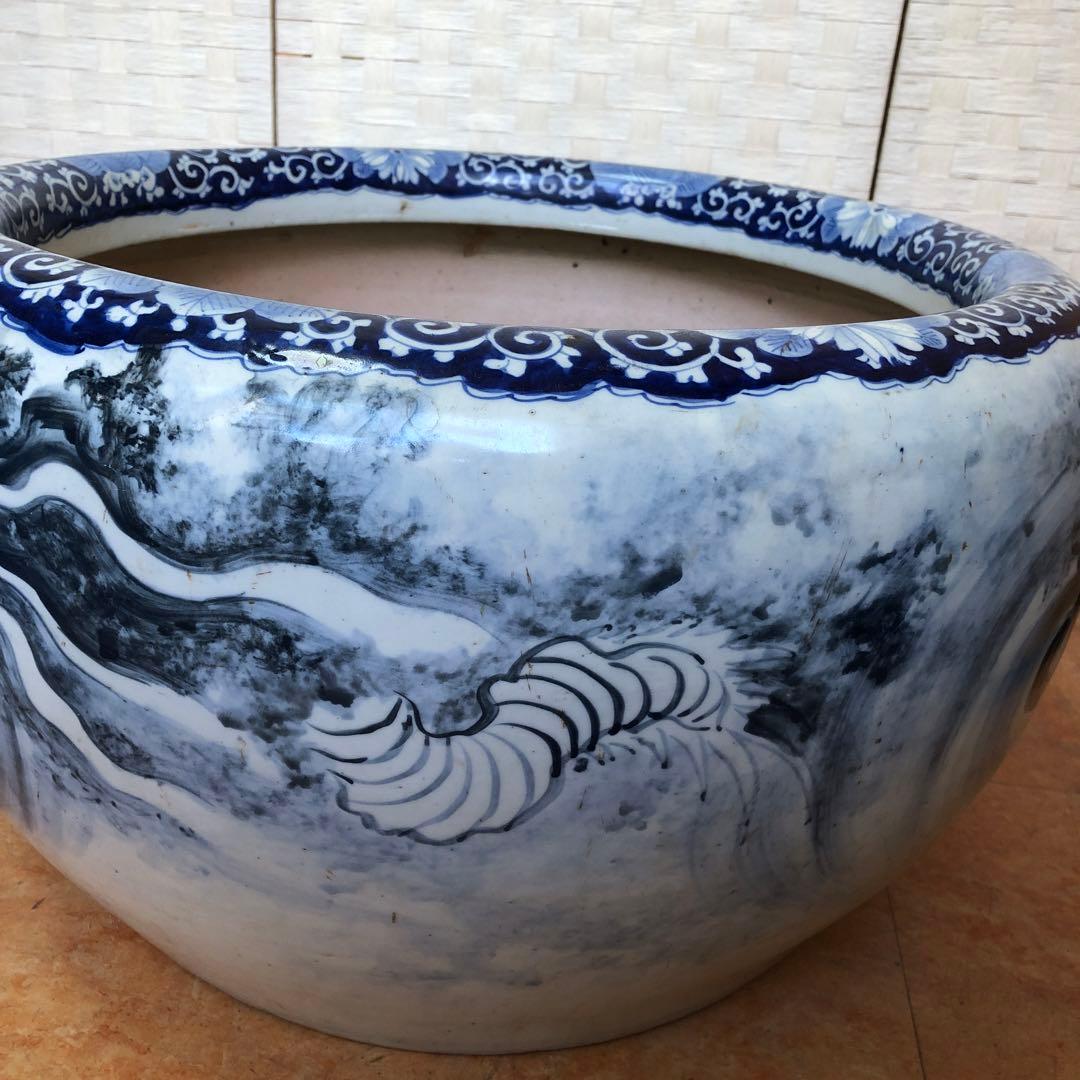 藍 手描きの龍模様 陶器 大きな火鉢