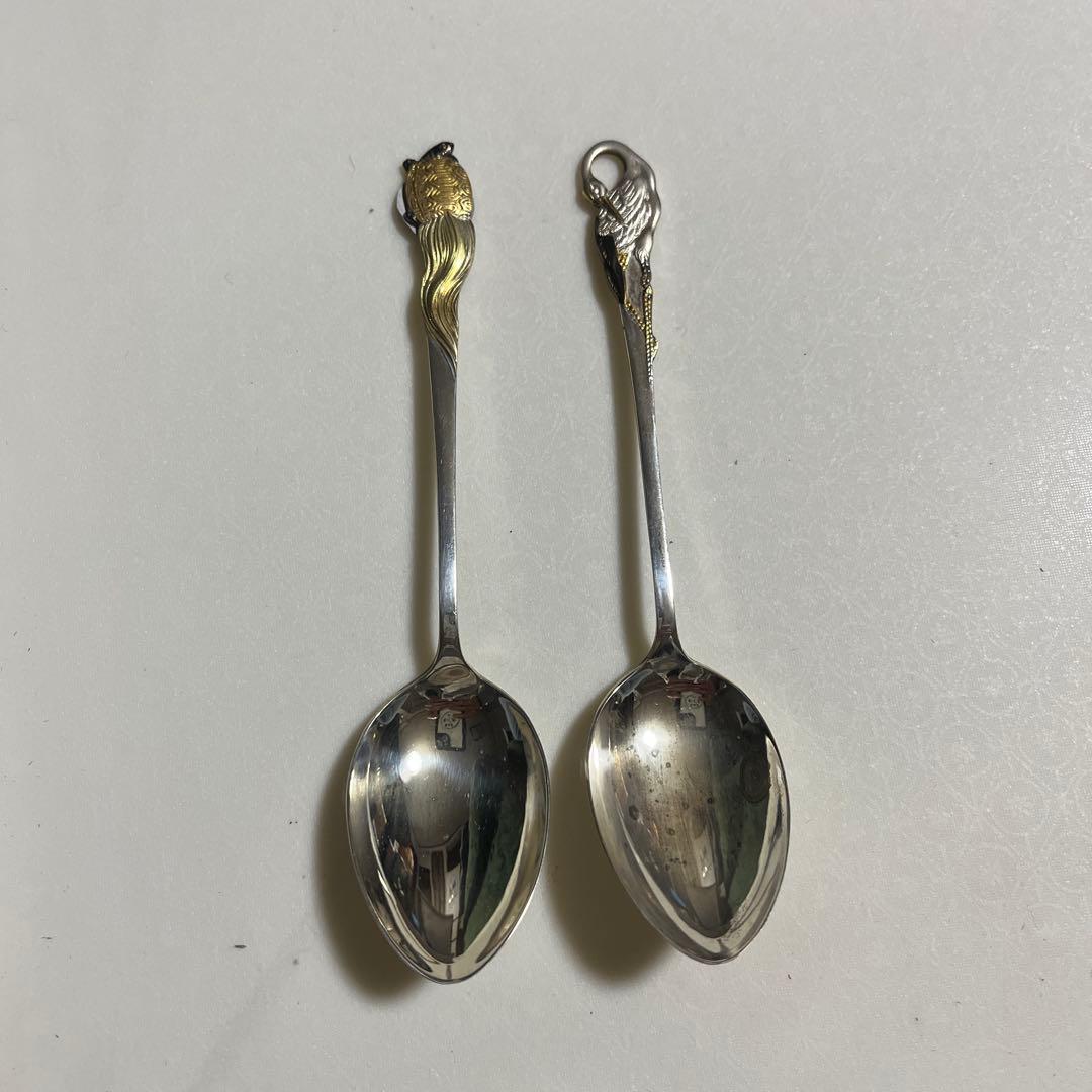 縁起物　銀製スプーン　鶴と亀　シルバー✖️ゴールド　アンティーク　未使用品