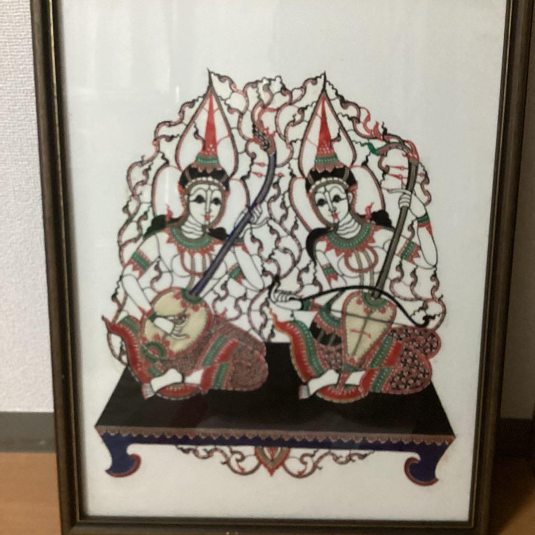 インドネシア　民芸品　布製カロチャ刺繍調　リシェリュ風カットワーク 　木枠額装