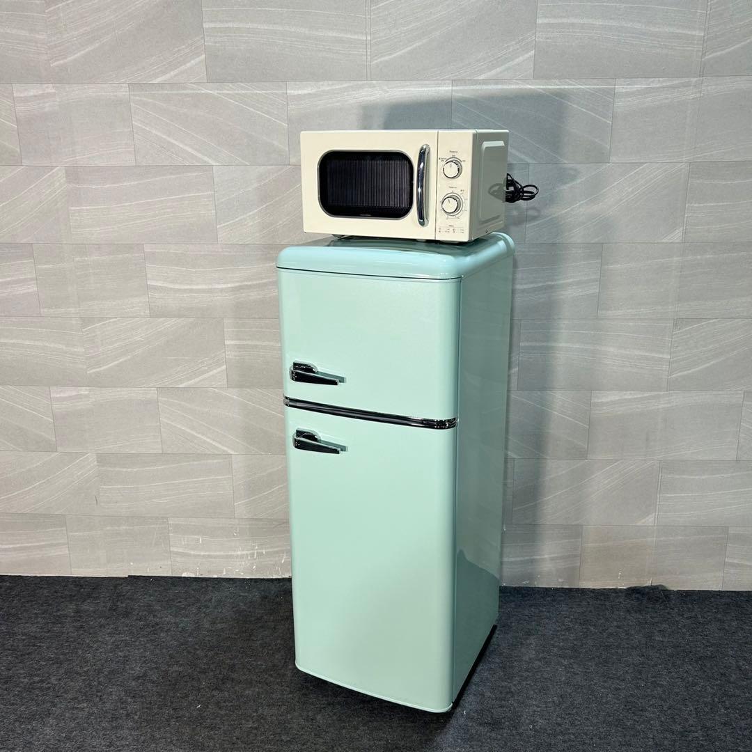 生活家電2点セット 冷蔵庫 電子レンジ レトロ調セット 2021年製 d3631