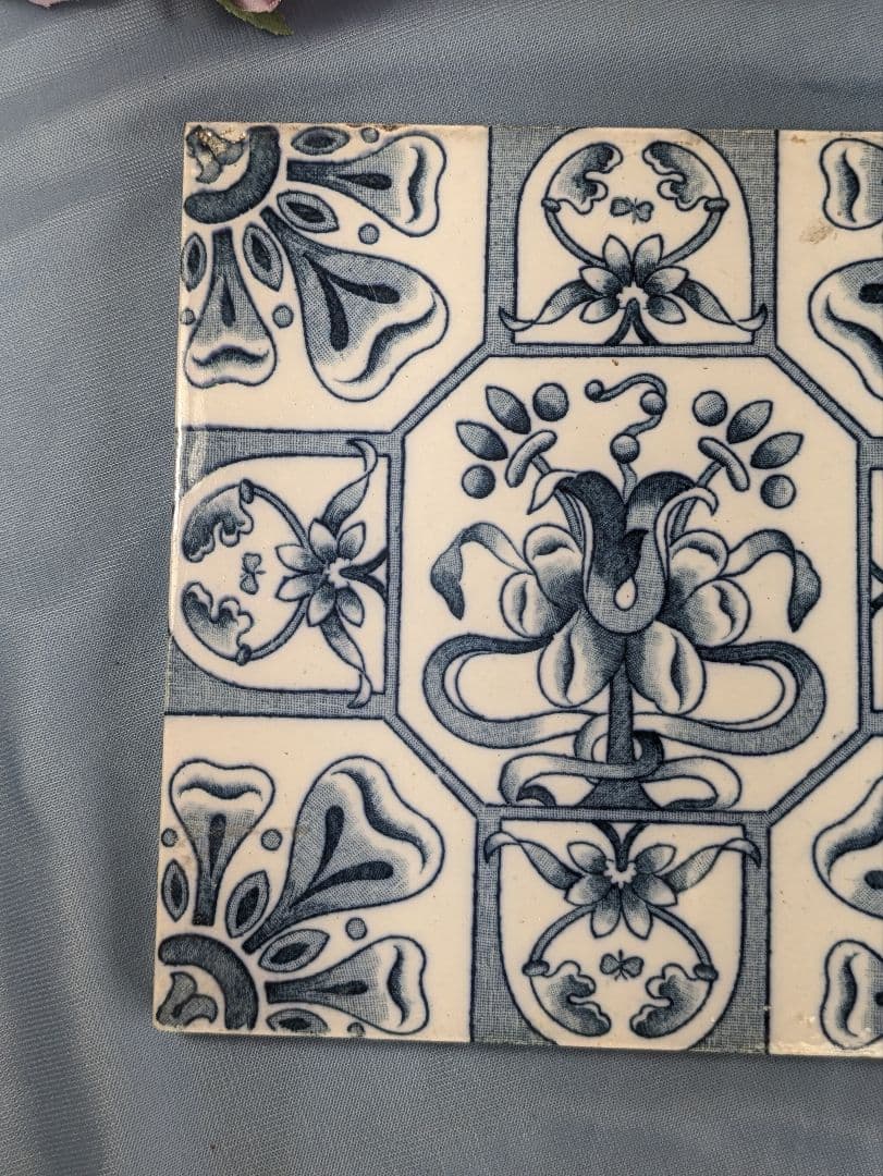 イギリス アンティーク タイル トリペット ブルー ２枚セット