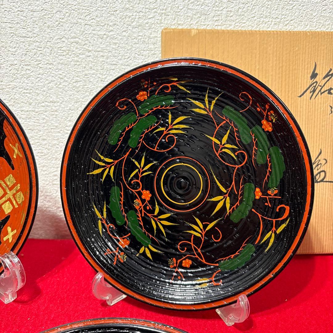 未使用　平安象彦　銘々盆　茶道具　漆器　皿　絵変わり　5枚組