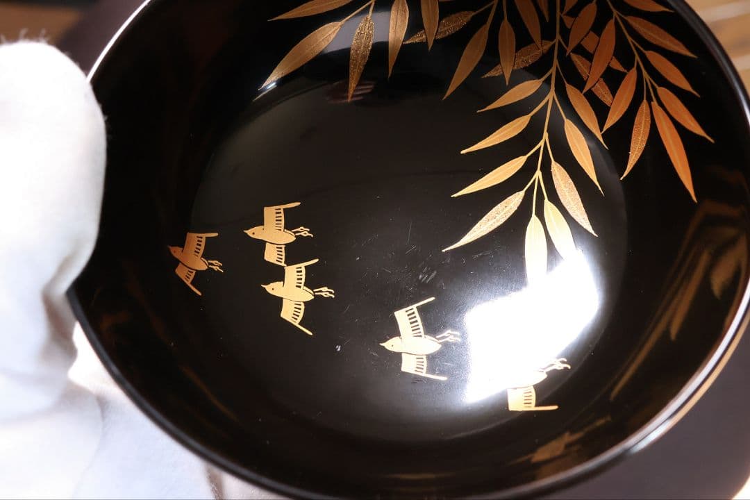 【CM450】天然木漆塗 芦千鳥金蒔絵 艶消黒 吸物椀 三客 昭和 漆芸 漆器