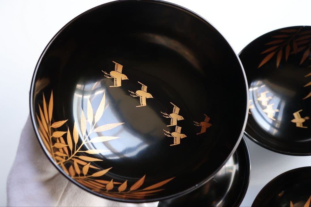 【CM450】天然木漆塗 芦千鳥金蒔絵 艶消黒 吸物椀 三客 昭和 漆芸 漆器