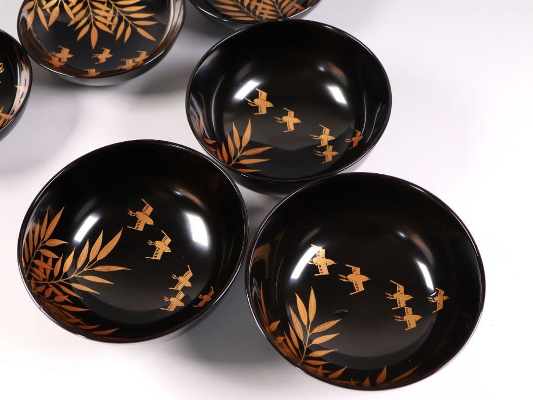 【CM450】天然木漆塗 芦千鳥金蒔絵 艶消黒 吸物椀 三客 昭和 漆芸 漆器