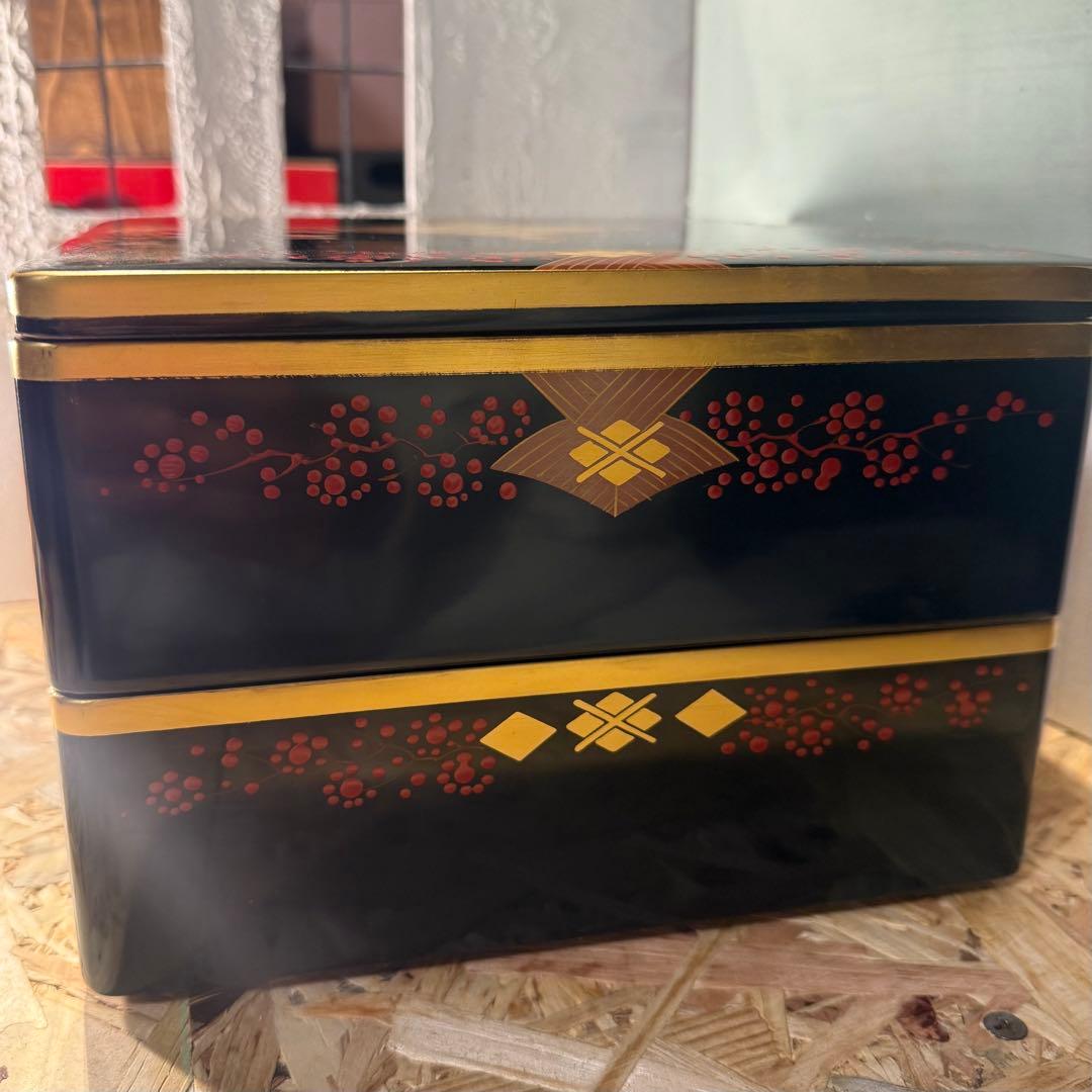 ヴィンテージ 秀衡塗 2段重箱 黒×金×朱 華やか漆器