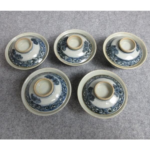 犬山焼染付花唐草文蓋茶碗 5個 [B28564]