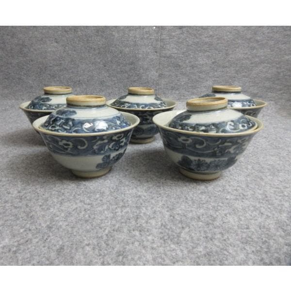 犬山焼染付花唐草文蓋茶碗 5個 [B28564]