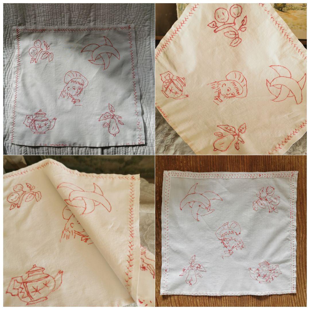 アンティーク赤糸刺繍 子供と果実とポットの可愛いエンブロイダリー リネンクロス