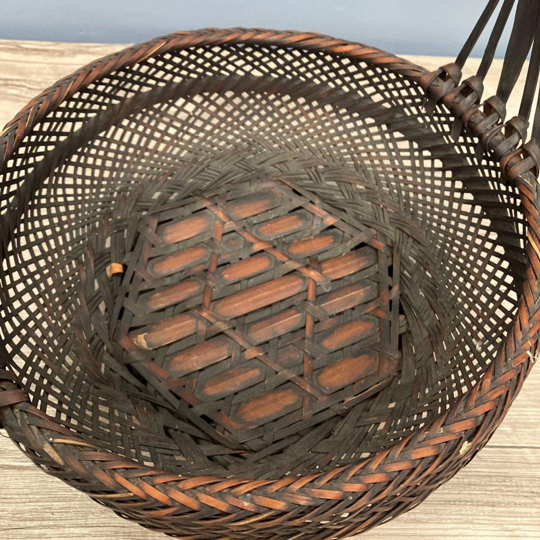 B-壁 竹編 持ち手付 花籠 煎茶籠 時代物 竹編み 花籠 手提げ 籠 花器