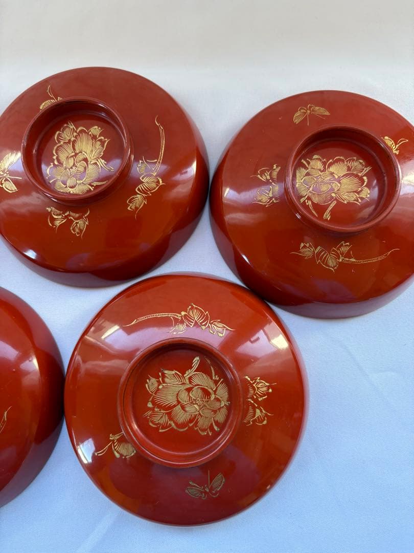【時代物】輪島塗 沈金 牡丹蝶文 朱塗 吸物椀 蓋 5客セット