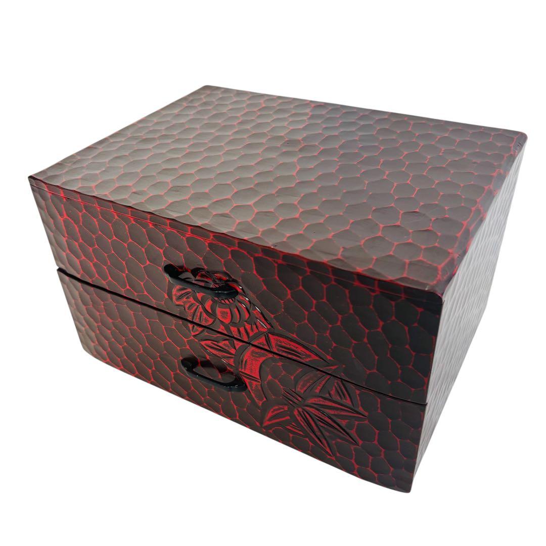 鎌倉彫 化粧箱 手彫り 小引出×2 和風整理箱 引出×2牡丹彫　レトロ