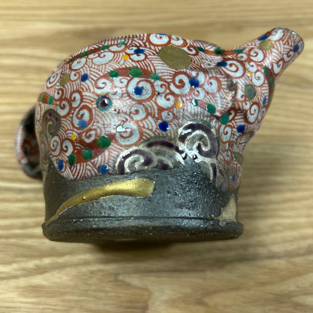 希少　作家　人気陶芸作家　苧坂恒治作　渦赤絵　総手描き　取手付き片口　1点もの