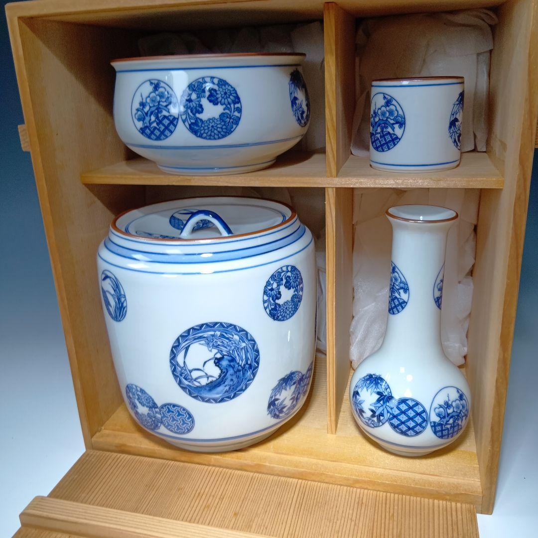 値下げ茶道具　千古窯　染付花丸文皆具一関　 共箱　美品