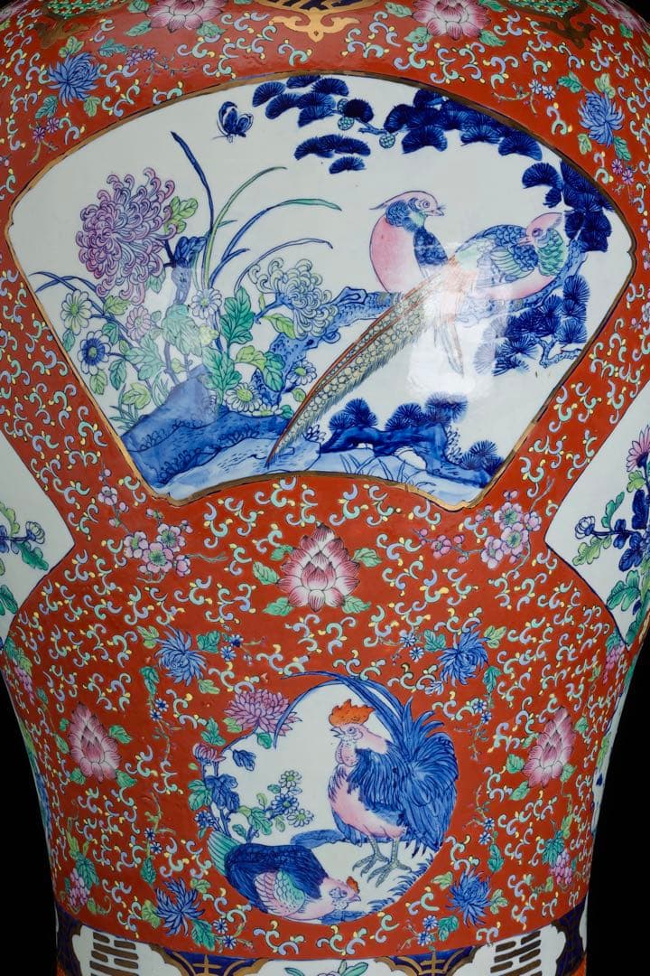 有田焼 染錦窓絵花鳥尽之図 獅子摘蓋付 沈香壺 特大99㎝ 飾壺 古美術 骨董品