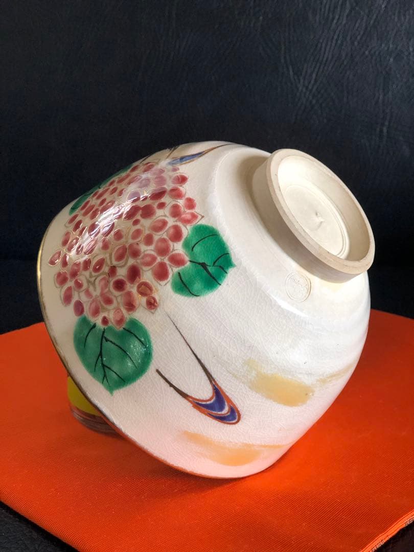 長谷川翠香作　京焼　抹茶碗　紫陽花図　色絵金銀彩　茶道具　箱無