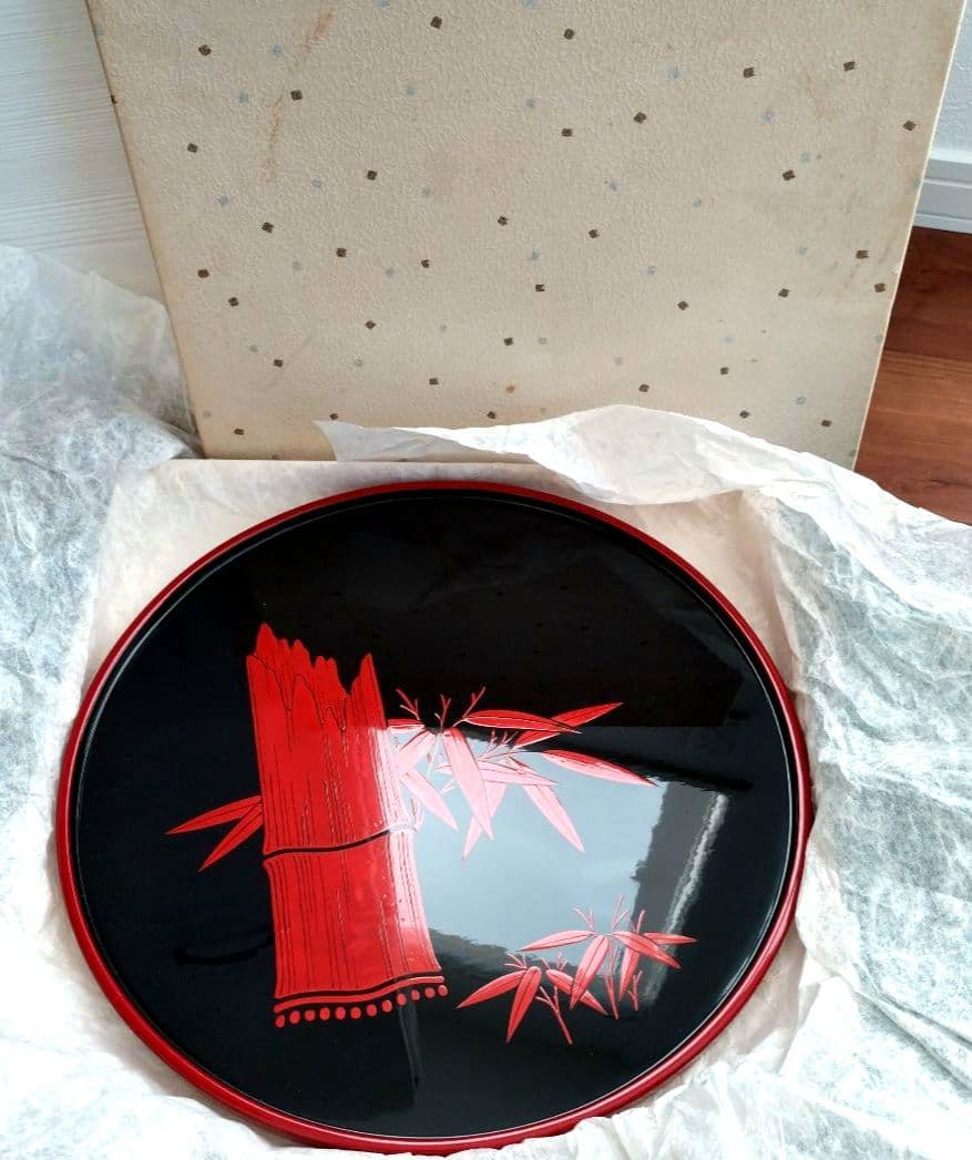 【うるし】越前漆器 伝統工芸品 【希少】JAPAN大盤40cm漆器 飾り黒朱丸盆