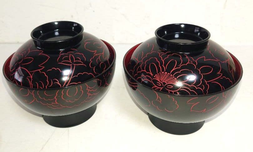 【セット】越前漆器 沈朱牡丹彫 黒内朱 汁物椀 越前塗 伝統的工芸品指定 お椀