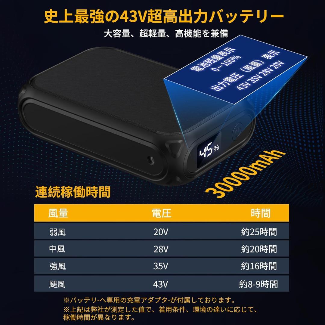 【43V！30000ｍAh】ファンバッテリーセット 空調ファン PSE認証 新品
