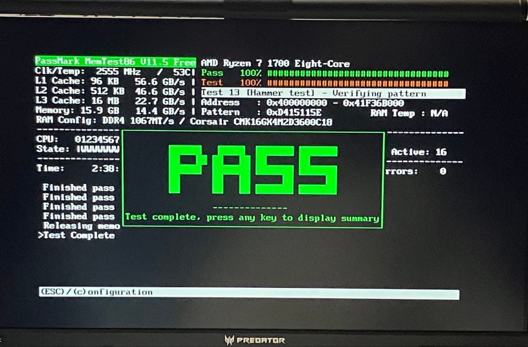 CORSAIR DDR4-3600 16GB (8GB 2本セット)動作確認済