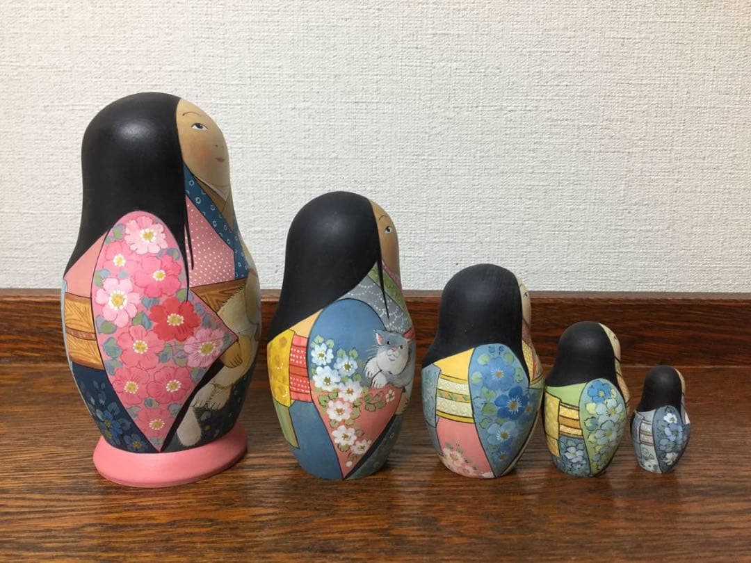 ひな祭りセール♪ロシア雑貨☆着物マトリョーシカ(5P)和風猫ボボワ作オマケ付き♪