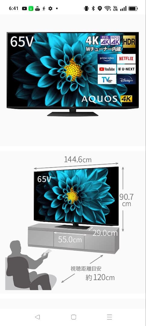 SHARP　65インチ　大画面液晶テレビ 2021年製　 4T−C65DL1