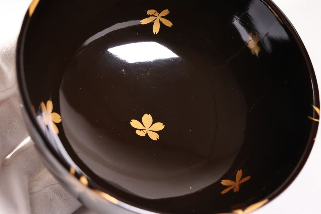 【CM437】天然木漆塗 桜紅葉 雲錦金蒔絵 黒汁椀 五客 / (検)輪島加賀