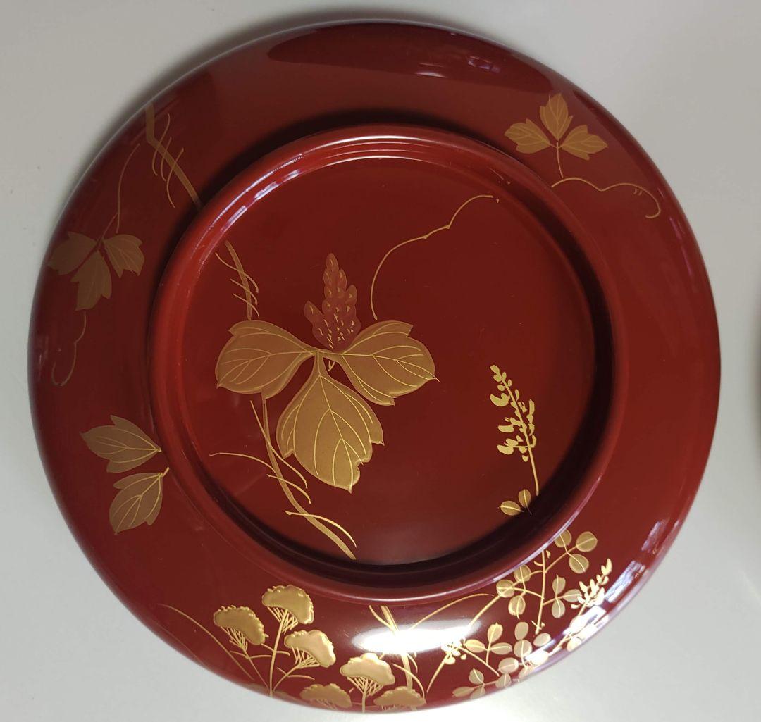 輪島塗　朱塗 大平椀　磨蒔絵 秋草の図　4客