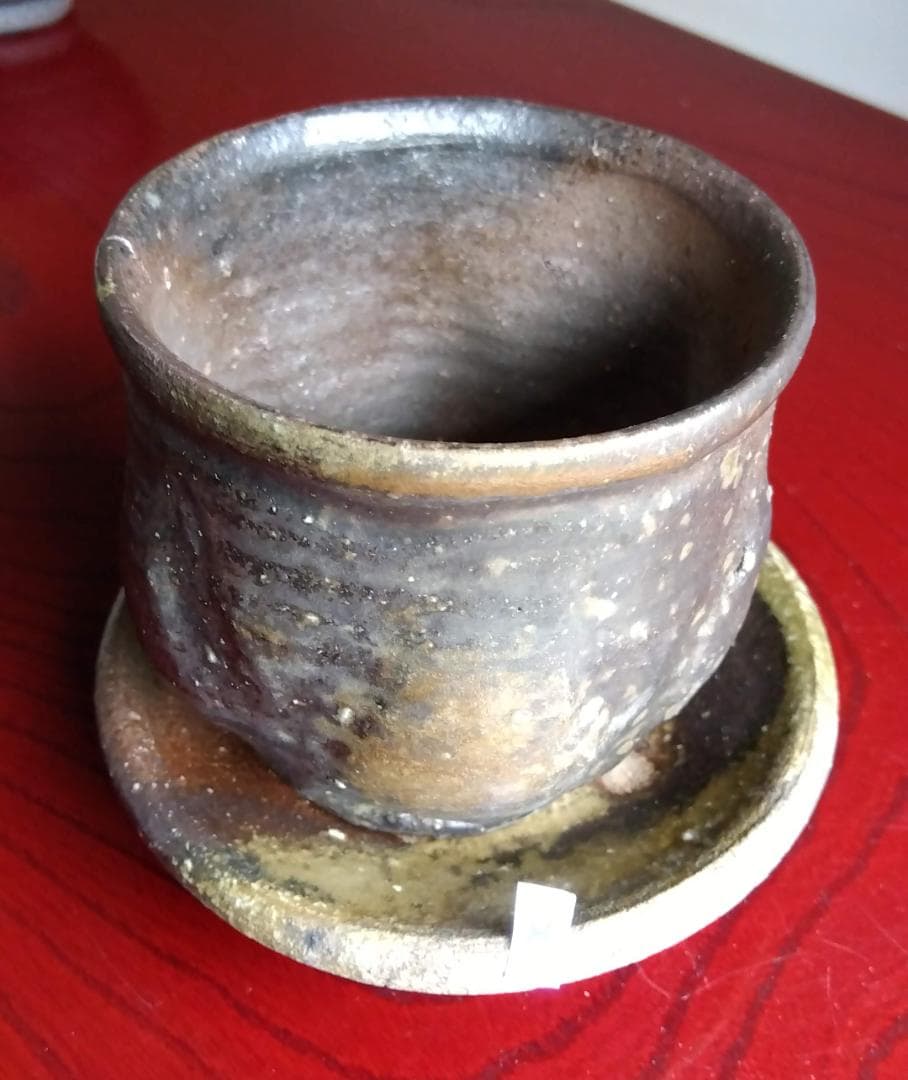 前焼名工　白越不朝　塩越窯自然灰釉究極美逸品ぐい呑み湯呑2種茶托3点セットNo8