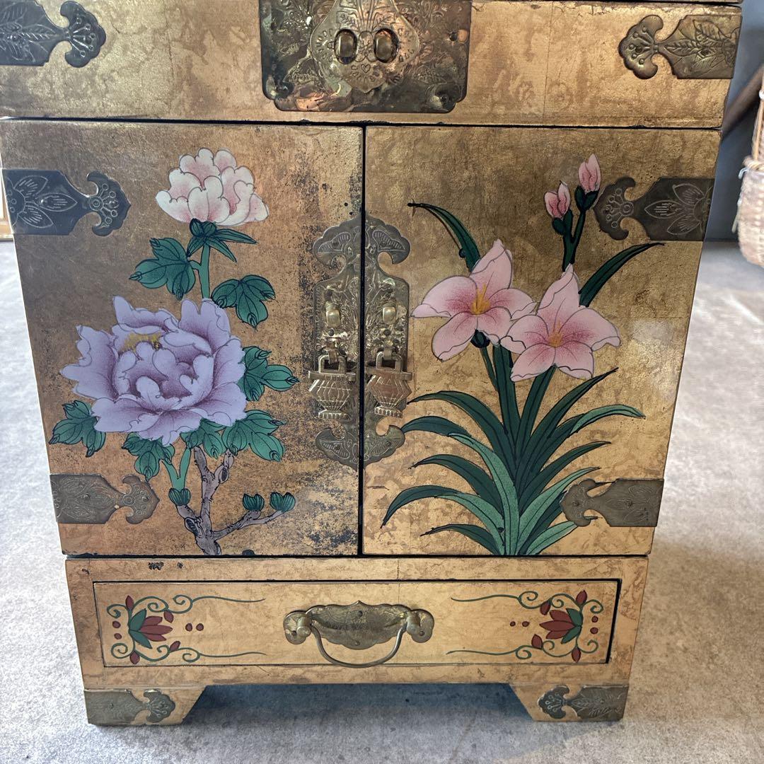 李朝 宝石箱 小箪笥 花鳥図 金彩 ジュエリーボックス 朝鮮家具 古美術
